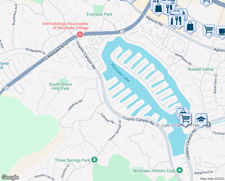 map of restaurants, bars, coffee shops, grocery stores, and more near 2377 Topsail Circle in Westlake Village