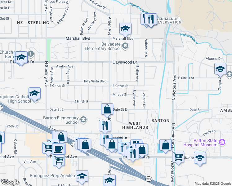 map of restaurants, bars, coffee shops, grocery stores, and more near 6090 Mirada Place in Highland
