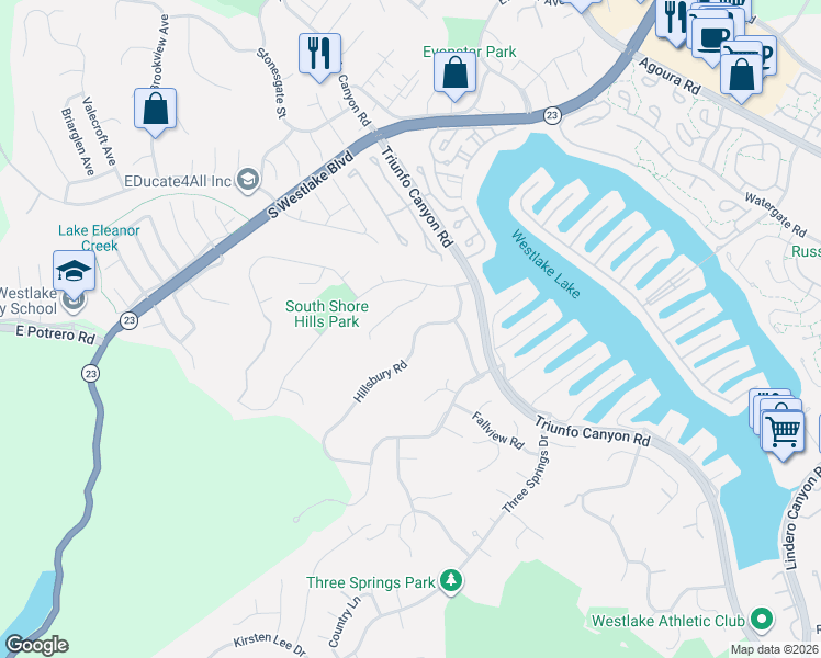 map of restaurants, bars, coffee shops, grocery stores, and more near 2221 Hillsbury Road in Westlake Village