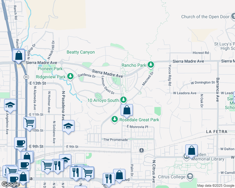 map of restaurants, bars, coffee shops, grocery stores, and more near 750 Lemon Swirl Drive in Azusa