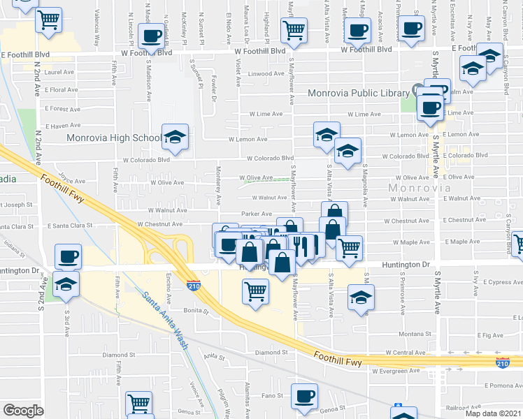 map of restaurants, bars, coffee shops, grocery stores, and more near 547 Parker Avenue in Monrovia