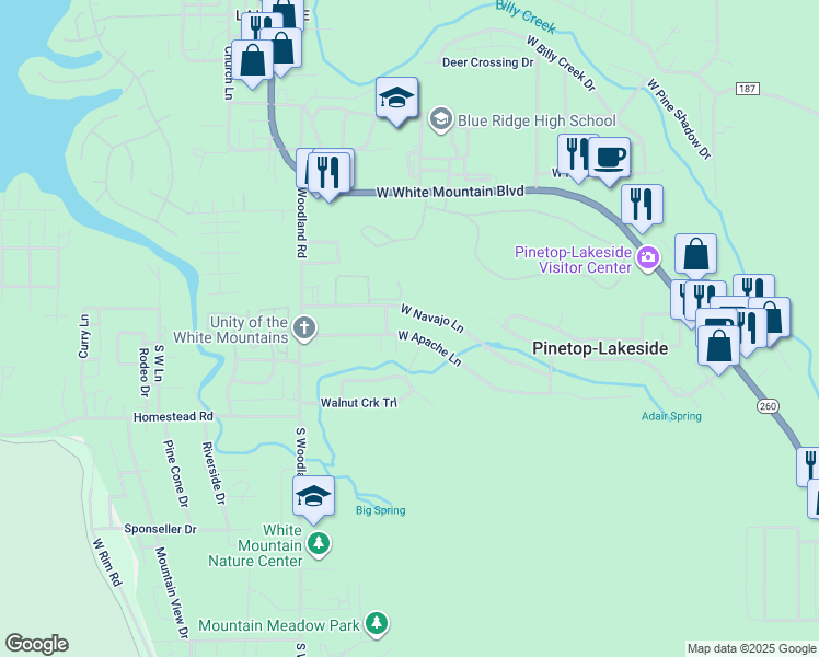 map of restaurants, bars, coffee shops, grocery stores, and more near 1208 W Apache Ln in Pinetop-Lakeside