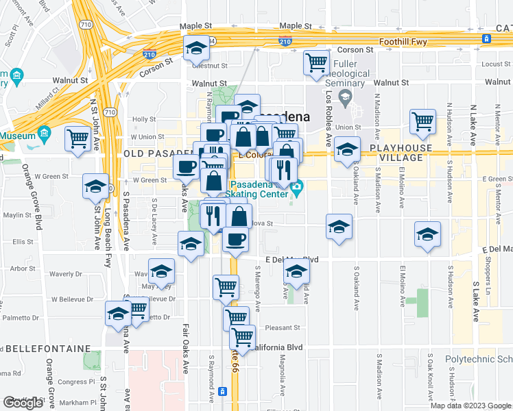 map of restaurants, bars, coffee shops, grocery stores, and more near 187 South Marengo Avenue in Pasadena