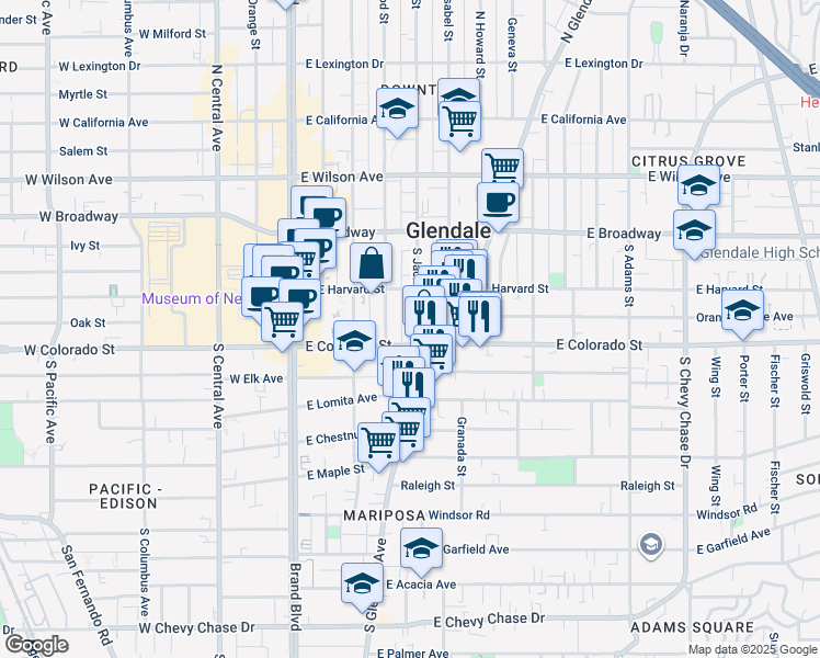 map of restaurants, bars, coffee shops, grocery stores, and more near 407 East Colorado Street in Glendale