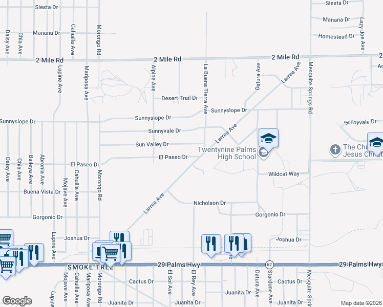 map of restaurants, bars, coffee shops, grocery stores, and more near 72454 El Paseo Drive in Twentynine Palms