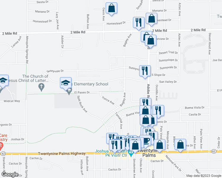 map of restaurants, bars, coffee shops, grocery stores, and more near 73466 El Paseo Drive in Twentynine Palms