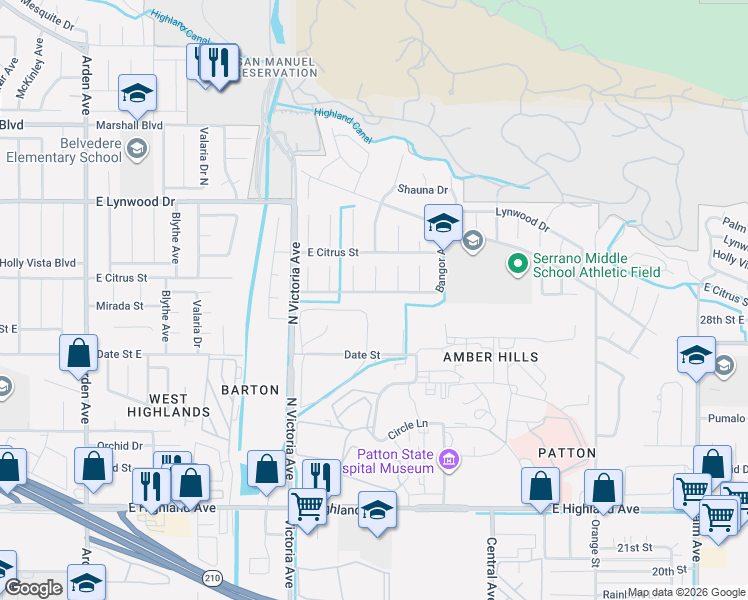 map of restaurants, bars, coffee shops, grocery stores, and more near 2995 East Mirada Road in Highland