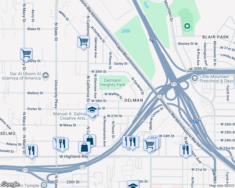 map of restaurants, bars, coffee shops, grocery stores, and more near 1711 West Mallory Street in San Bernardino