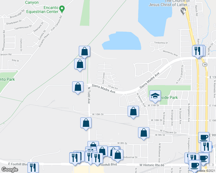 map of restaurants, bars, coffee shops, grocery stores, and more near 1055 Sierra Madre Avenue in Azusa