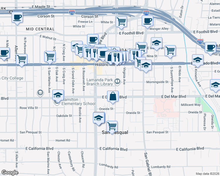 map of restaurants, bars, coffee shops, grocery stores, and more near 2460 Oswego Street in Pasadena