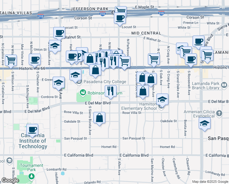 map of restaurants, bars, coffee shops, grocery stores, and more near 159 South Meridith Avenue in Pasadena