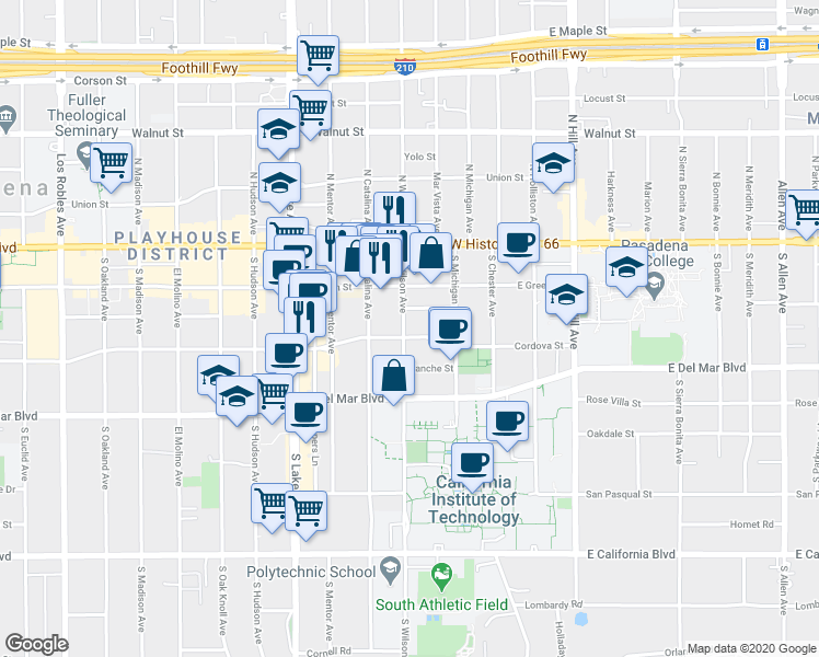 map of restaurants, bars, coffee shops, grocery stores, and more near 151 South Wilson Avenue in Pasadena