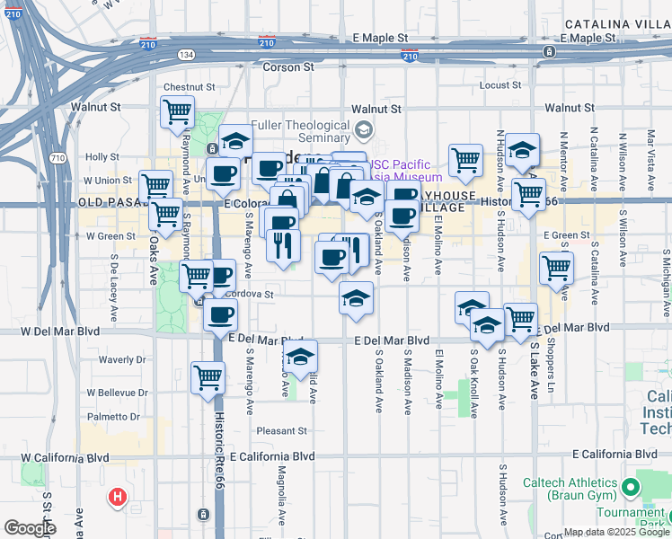 map of restaurants, bars, coffee shops, grocery stores, and more near 157 South Los Robles Avenue in Pasadena