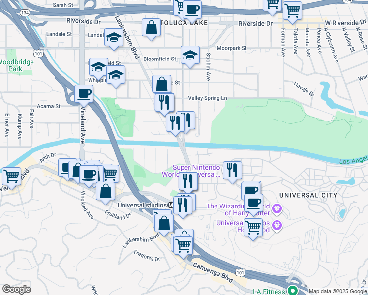 map of restaurants, bars, coffee shops, grocery stores, and more near 4075 Lankershim Boulevard in Los Angeles