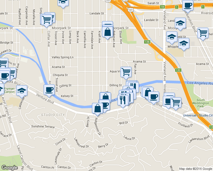 map of restaurants, bars, coffee shops, grocery stores, and more near 4122 Tujunga Avenue in Los Angeles