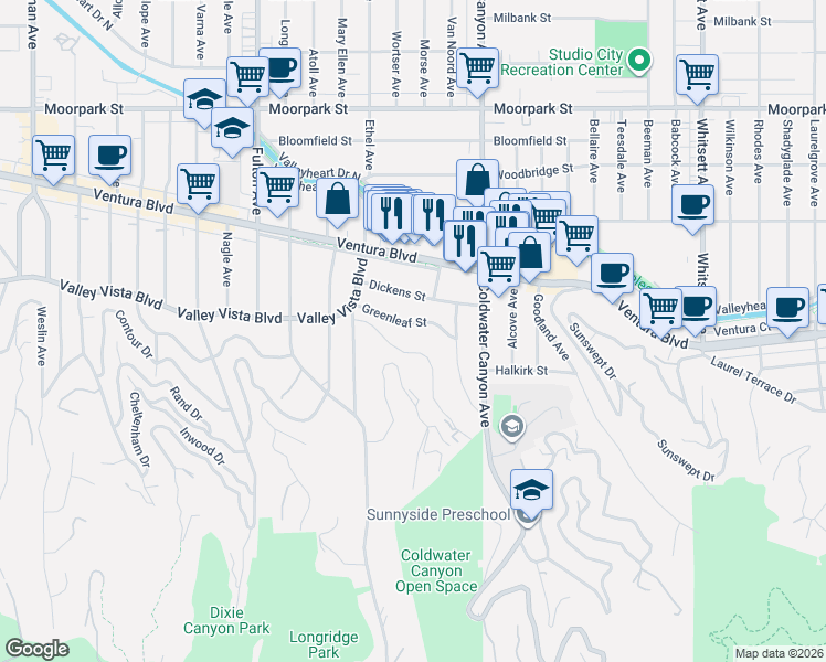 map of restaurants, bars, coffee shops, grocery stores, and more near 13011 Galewood Street in Los Angeles