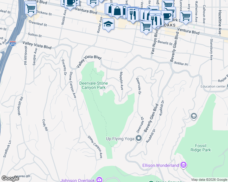 map of restaurants, bars, coffee shops, grocery stores, and more near 14858 Round Valley Drive in Los Angeles