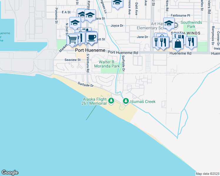 map of restaurants, bars, coffee shops, grocery stores, and more near 575 East Surfside Drive in Port Hueneme