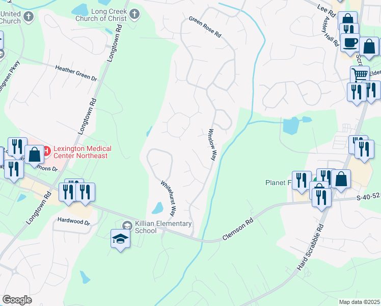 map of restaurants, bars, coffee shops, grocery stores, and more near 25 Winslow Court in Columbia