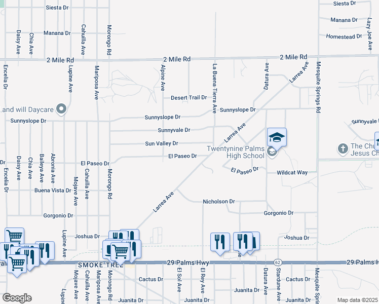 map of restaurants, bars, coffee shops, grocery stores, and more near 72400 El Paseo Drive in Twentynine Palms