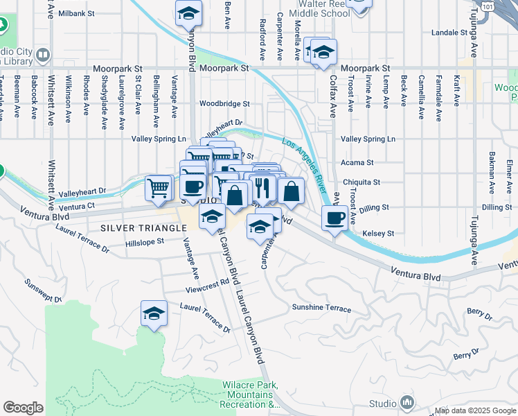 map of restaurants, bars, coffee shops, grocery stores, and more near 11930 Ventura Boulevard in Los Angeles