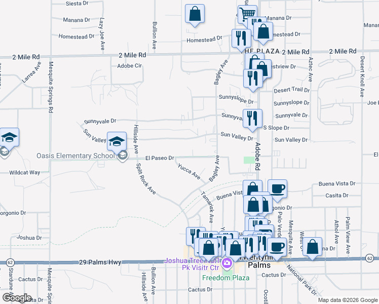 map of restaurants, bars, coffee shops, grocery stores, and more near 73438 El Paseo Drive in Twentynine Palms