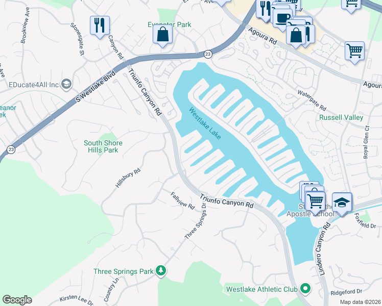map of restaurants, bars, coffee shops, grocery stores, and more near 2377 Topsail Circle in Westlake Village