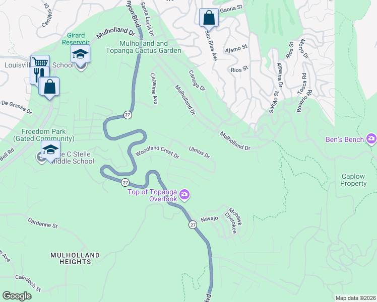 map of restaurants, bars, coffee shops, grocery stores, and more near 21740 Ulmus Drive in Topanga