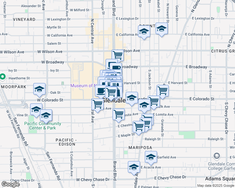 map of restaurants, bars, coffee shops, grocery stores, and more near 234 South Brand Boulevard in Glendale