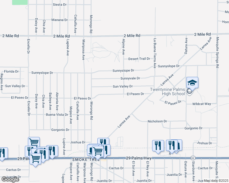 map of restaurants, bars, coffee shops, grocery stores, and more near 72248 El Paseo Drive in Twentynine Palms