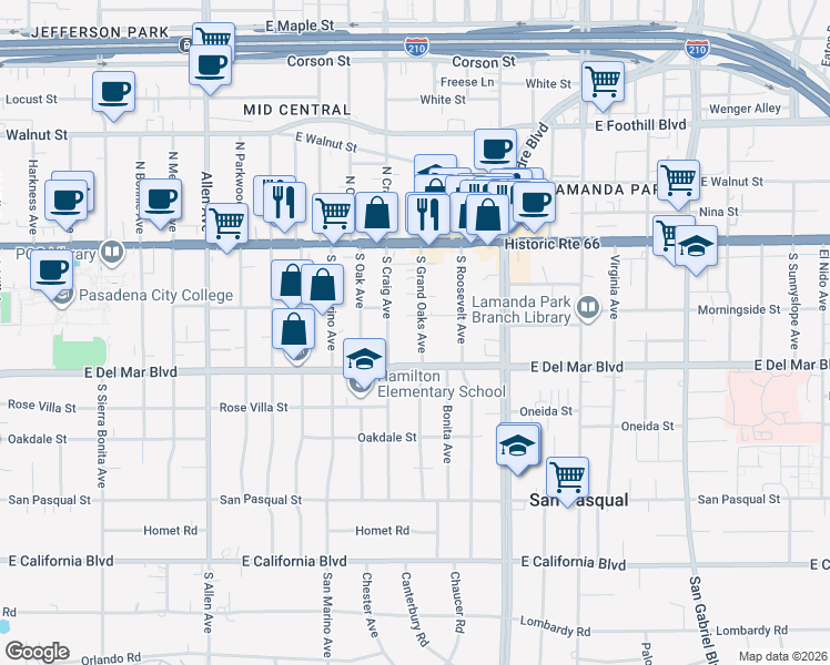 map of restaurants, bars, coffee shops, grocery stores, and more near 173 South Grand Oaks Avenue in Pasadena