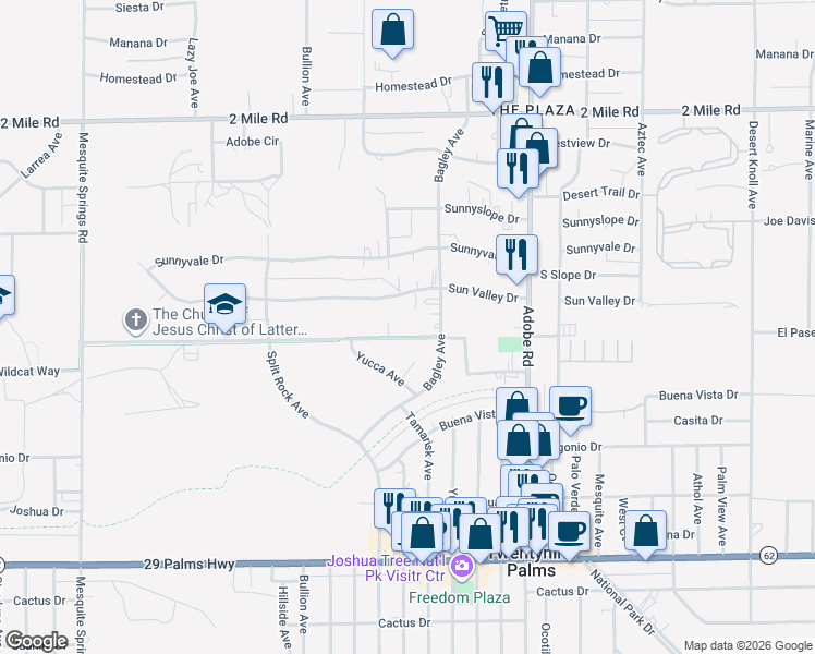 map of restaurants, bars, coffee shops, grocery stores, and more near 73466 El Paseo Drive in Twentynine Palms