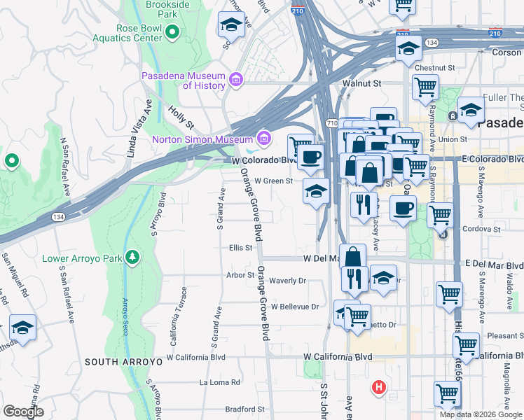 map of restaurants, bars, coffee shops, grocery stores, and more near 112 South Orange Grove Boulevard in Pasadena
