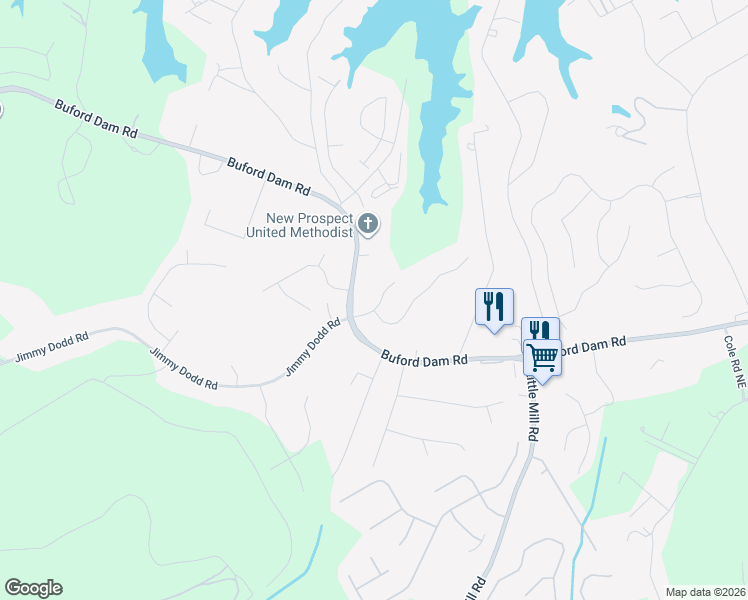 map of restaurants, bars, coffee shops, grocery stores, and more near 2000 Elm Tree Terrace Northeast in Buford