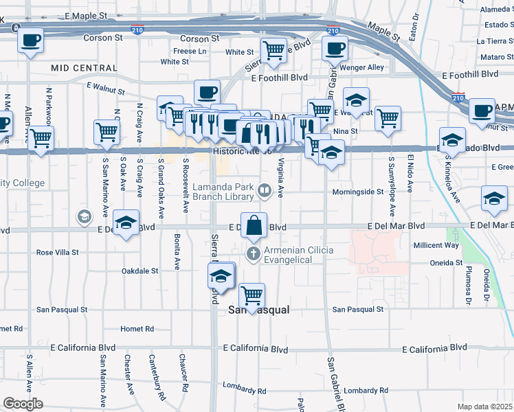 map of restaurants, bars, coffee shops, grocery stores, and more near 165 South Altadena Drive in Pasadena