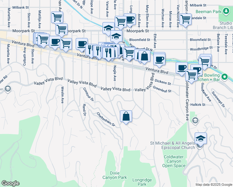 map of restaurants, bars, coffee shops, grocery stores, and more near 13333 Galewood Street in Los Angeles