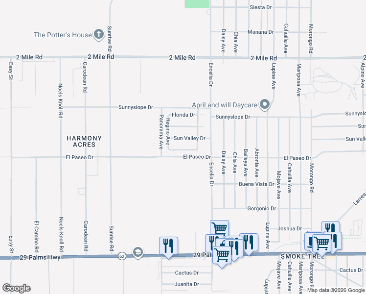 map of restaurants, bars, coffee shops, grocery stores, and more near 71558 Sunflower Drive in Twentynine Palms