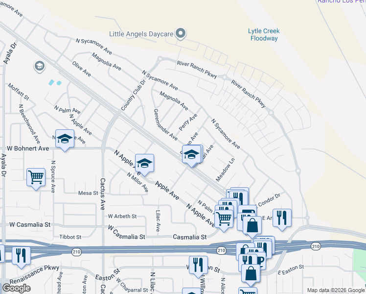 map of restaurants, bars, coffee shops, grocery stores, and more near 6088 Geremander Avenue in Rialto
