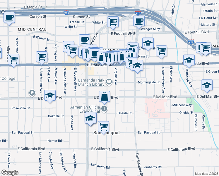 map of restaurants, bars, coffee shops, grocery stores, and more near 160 South Altadena Drive in Pasadena