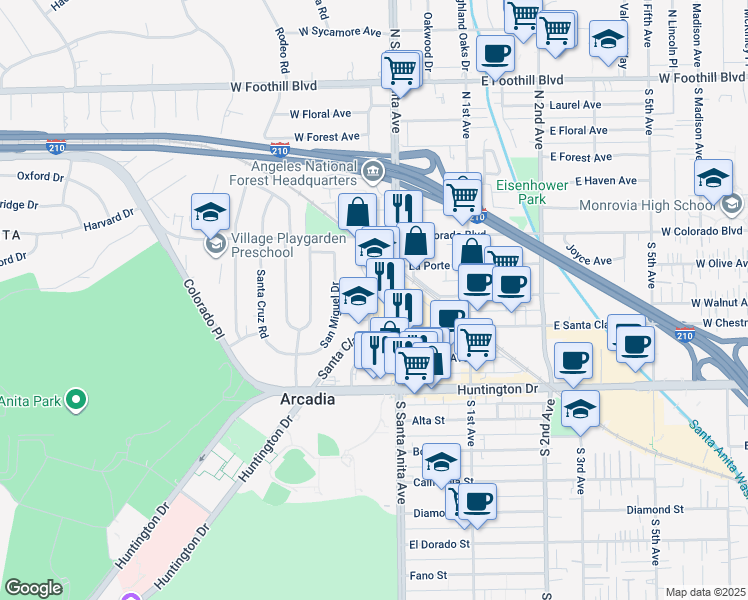 map of restaurants, bars, coffee shops, grocery stores, and more near 251 North Santa Anita Avenue in Arcadia