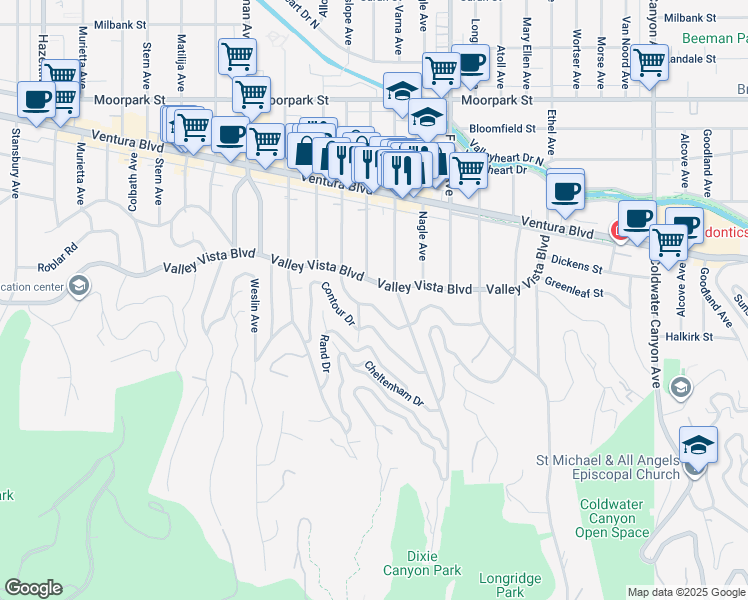 map of restaurants, bars, coffee shops, grocery stores, and more near 13457 Galewood Street in Los Angeles