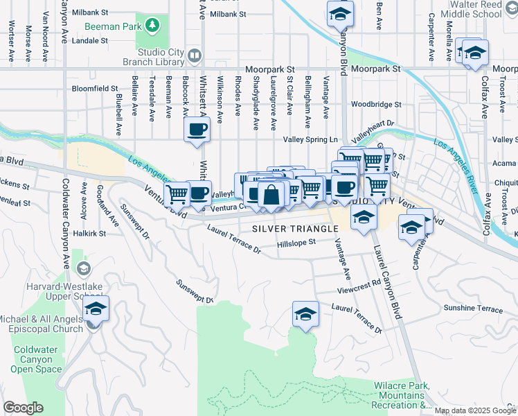map of restaurants, bars, coffee shops, grocery stores, and more near 12266 Ventura Boulevard in Los Angeles