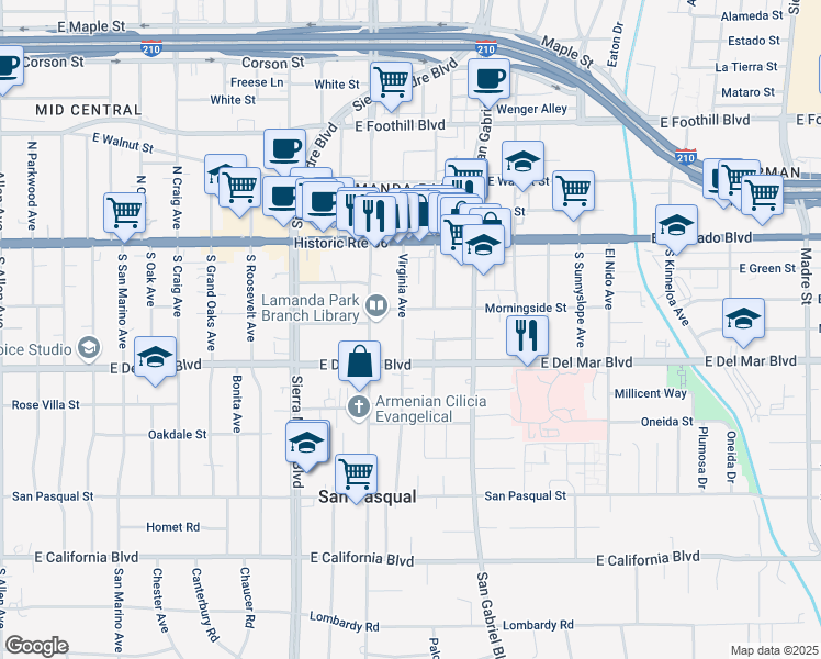 map of restaurants, bars, coffee shops, grocery stores, and more near 2607 San Marcos Drive in Pasadena
