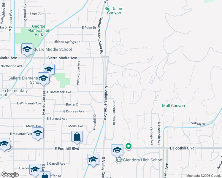 map of restaurants, bars, coffee shops, grocery stores, and more near 425 Fern Dell Place in Glendora