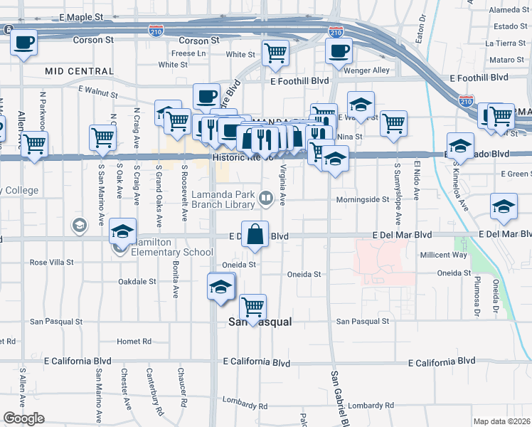 map of restaurants, bars, coffee shops, grocery stores, and more near 160 South Altadena Drive in Pasadena