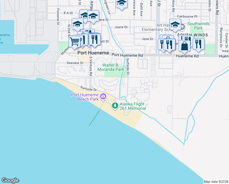map of restaurants, bars, coffee shops, grocery stores, and more near 750 Island View Circle in Port Hueneme