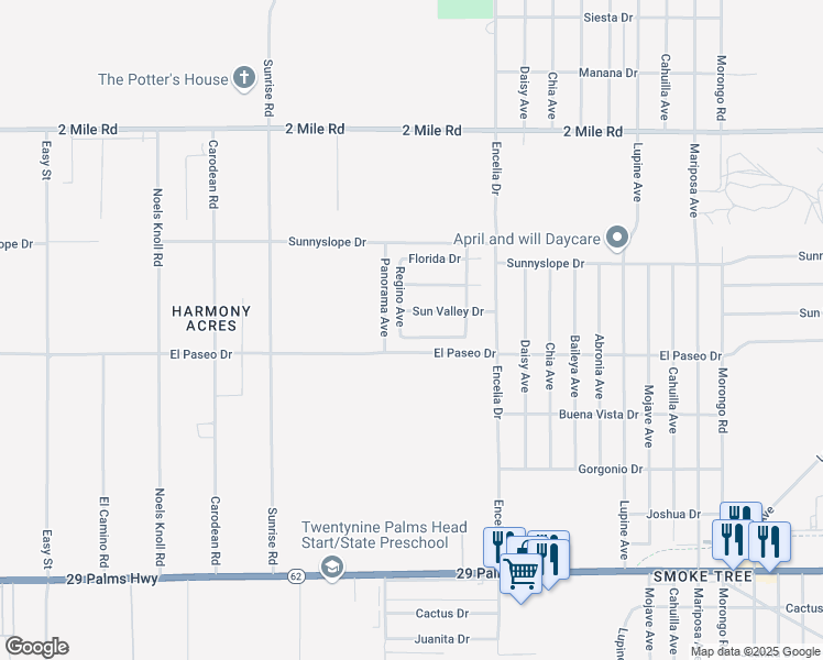map of restaurants, bars, coffee shops, grocery stores, and more near 71512 Sunflower Drive in Twentynine Palms
