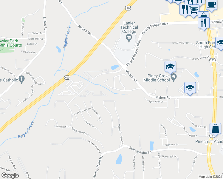 map of restaurants, bars, coffee shops, grocery stores, and more near 8325 Majors Mill Drive in Cumming