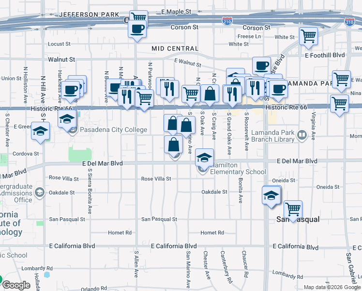 map of restaurants, bars, coffee shops, grocery stores, and more near 156 South Berkeley Avenue in Pasadena