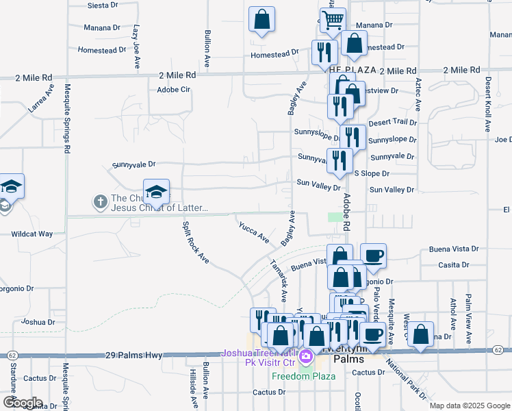 map of restaurants, bars, coffee shops, grocery stores, and more near 73438 El Paseo Drive in Twentynine Palms